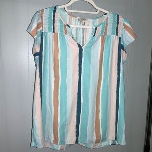 Loft Blue Striped V Neck Linen blend Blouse sz L flutter sleeve